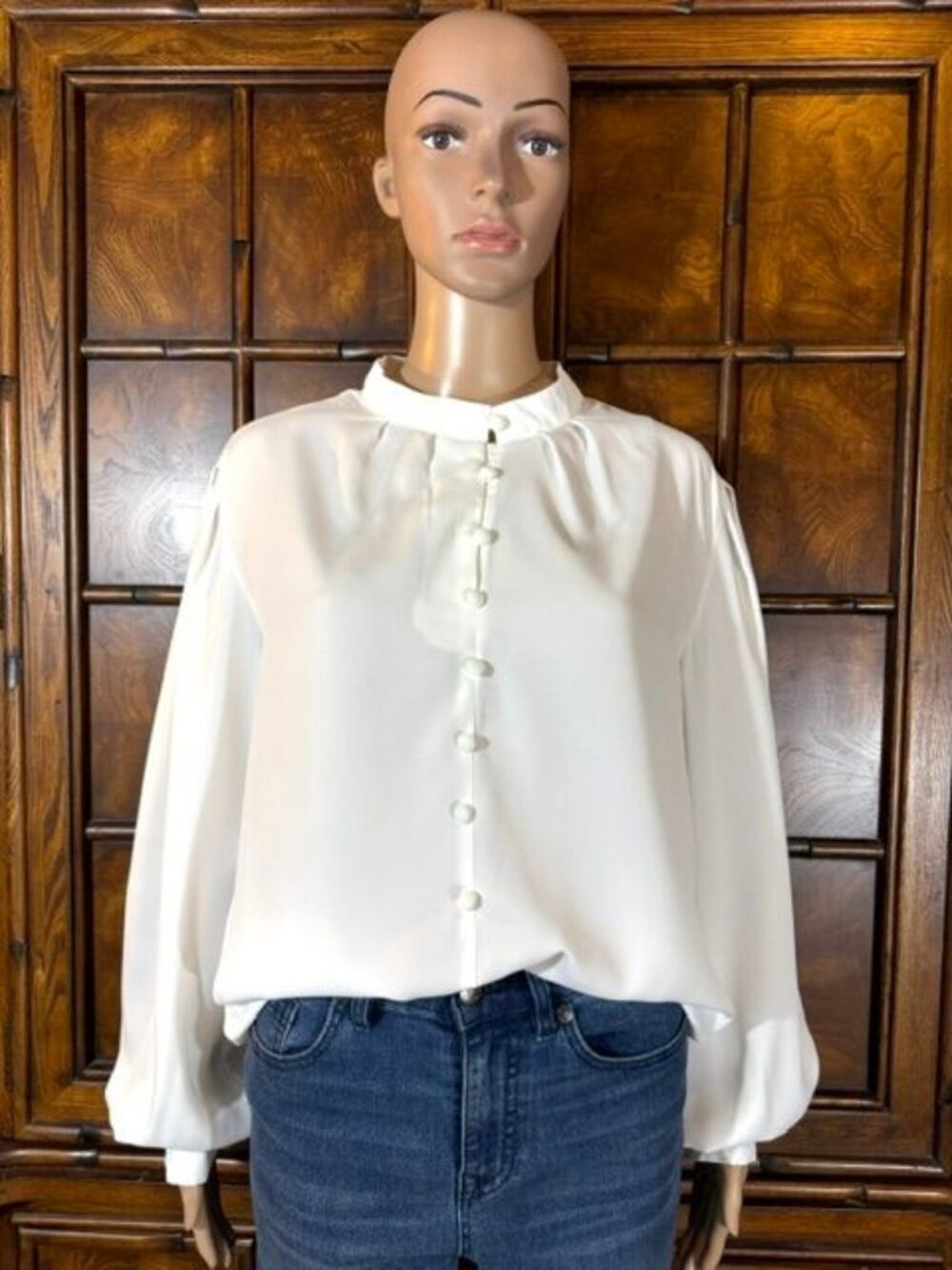 Shein White Pleated Mandarin Collar and Shoulders Victorian Blouson Sleeve Top